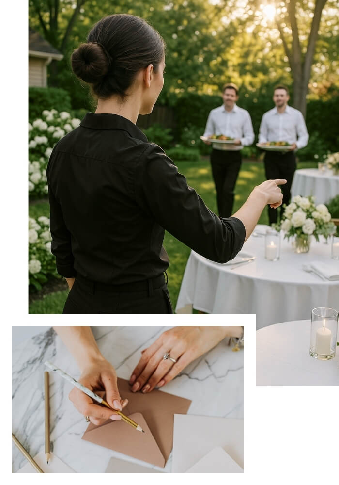 a woman directing caterer in a backyard garden party