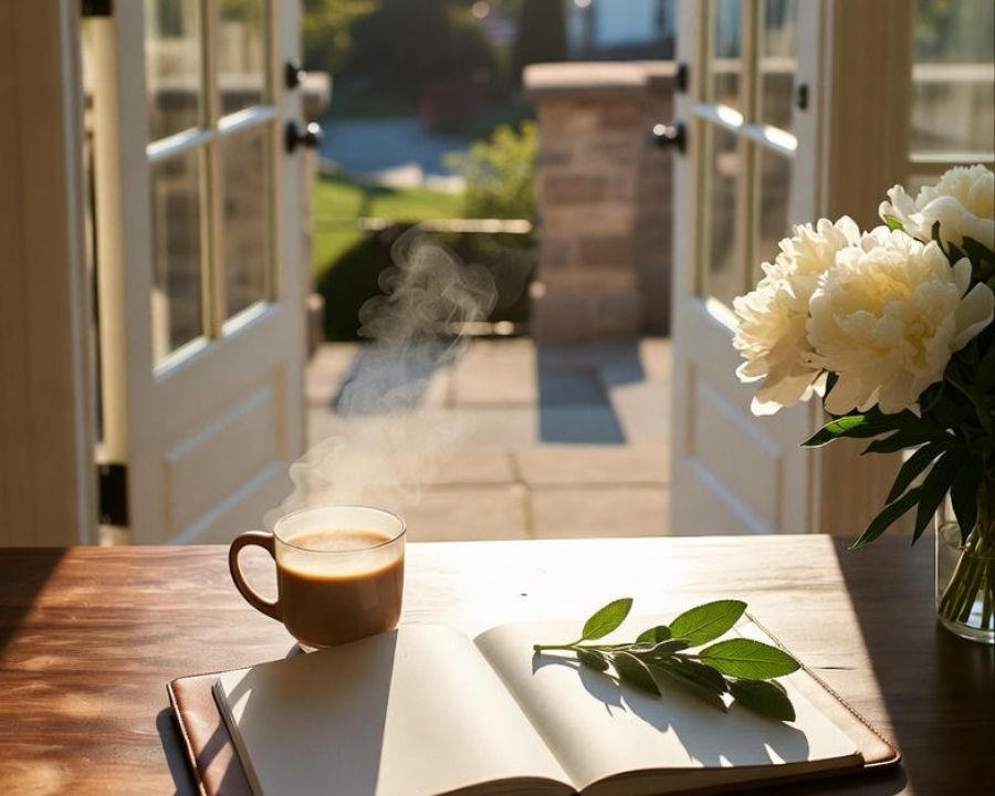 It's all in the details. A serene golden-hour view from inside an elegant Wilmington-area home: open French doors reveal rolling Greenville, Delaware hills and distant rooftops. In the foreground, a polished walnut table holds a steaming cup of coffee, an open leather planner with a blank page and single fresh sage leaf, and a simple glass vase of white peonies – quiet luxury and reclaimed calm.