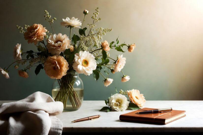 an elegant vase holding flowers in a soft muted blush on top of a clean table next to a leatherbound notebook