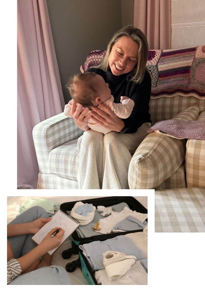 Sage co-founder, Sarah Amos, holding the infant daughter of a client in a pink and green nursery.