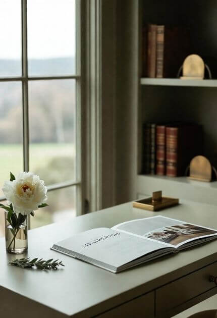 sage-lifestyle-membership-packages-desk-peony-sage.jpg Elegant home office desk in a Wilmington-area home with an open Sage Lifestyle Management membership brochure, a single white peony in a glass vase, and a fresh sage sprig – symbolizing calm, thoughtful, and exclusive concierge service packages.
