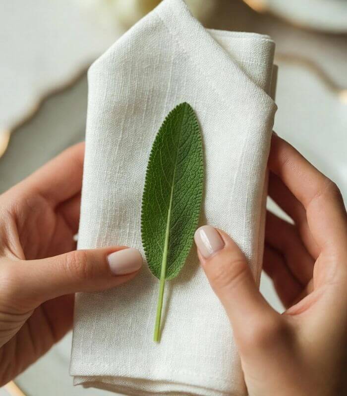Why trust us Close-up of elegant hands folding a pristine white linen napkin into a perfect rectangle, with a single fresh sage leaf placed precisely in the center – a quiet symbol of discreet, thoughtful care and attention to every detail.