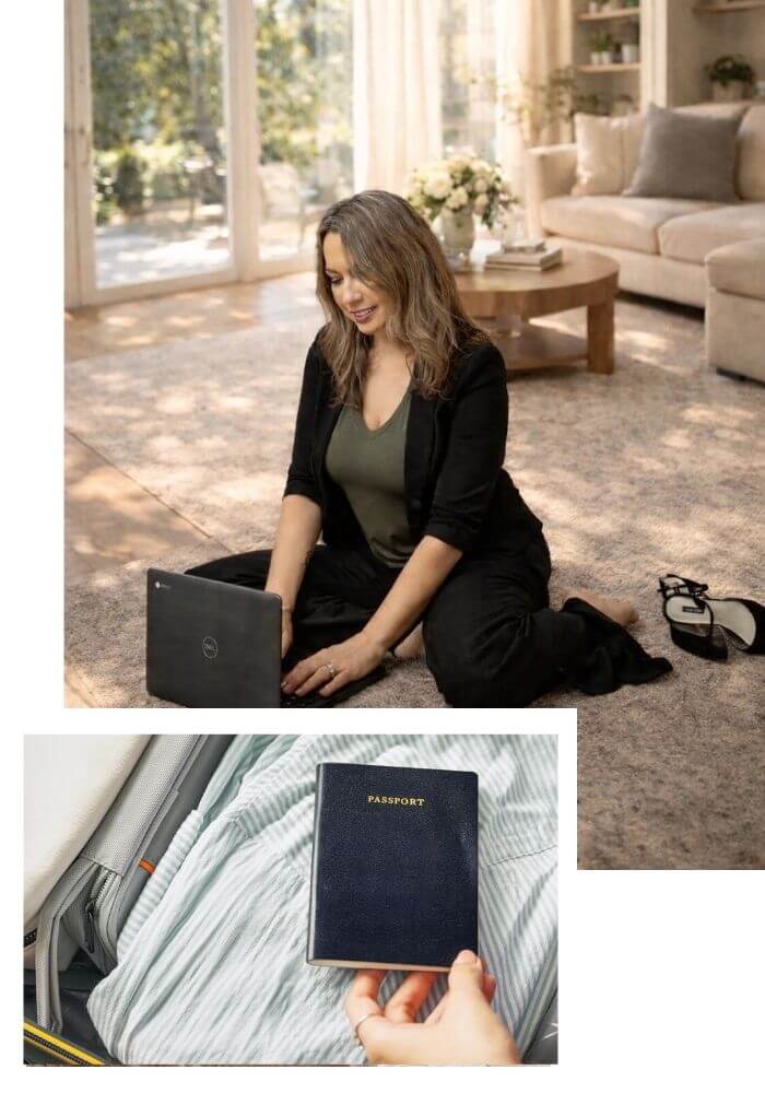 travel concierge services Founder Sarah Amos, scheduling flights on a computer and packing someone's passport for travel concierge services